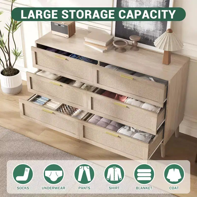 Cassettiera 6 cassetti in Rattan Naturale/Marrone, Stile Rustico