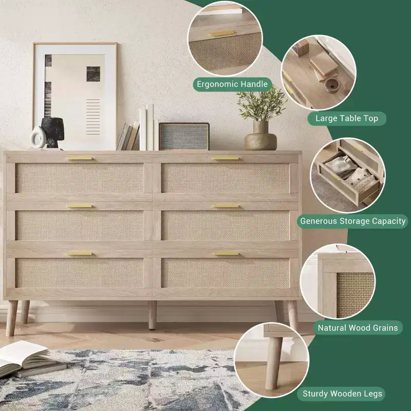 Cassettiera 6 cassetti in Rattan Naturale/Marrone, Stile Rustico