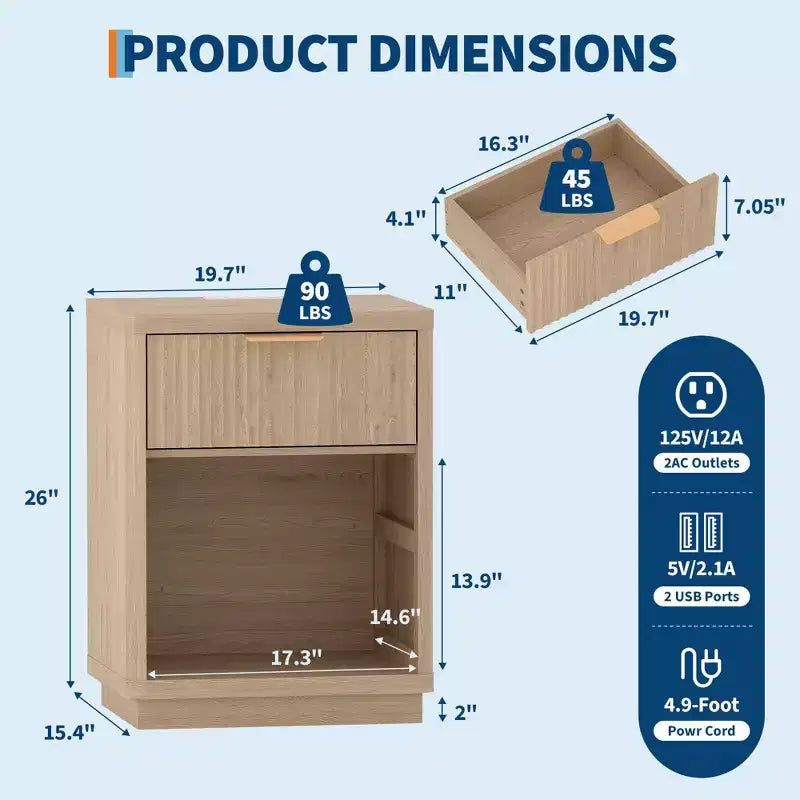 Set di 2 comodini scanalati grigi/naturali con stazione di ricarica e 1 cassetto