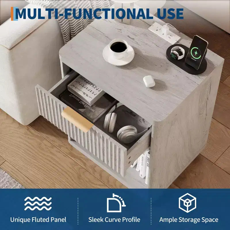 Set di 2 comodini scanalati grigi/naturali con stazione di ricarica e 1 cassetto