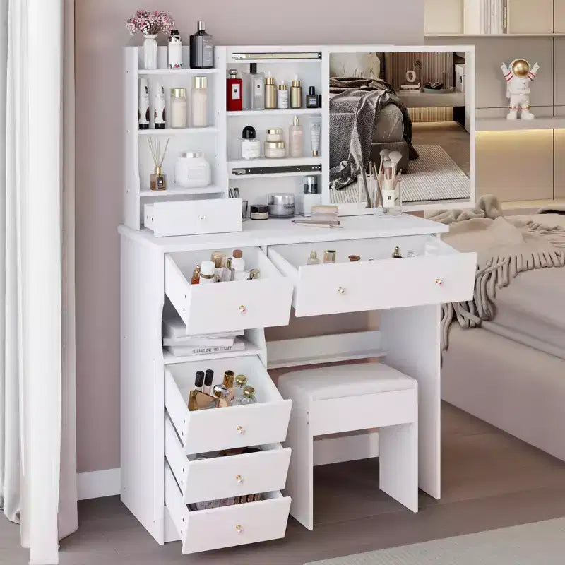 Toeletta bianca con sgabello imbottito, set da 2 pezzi – 74,2 cm / 94 cm