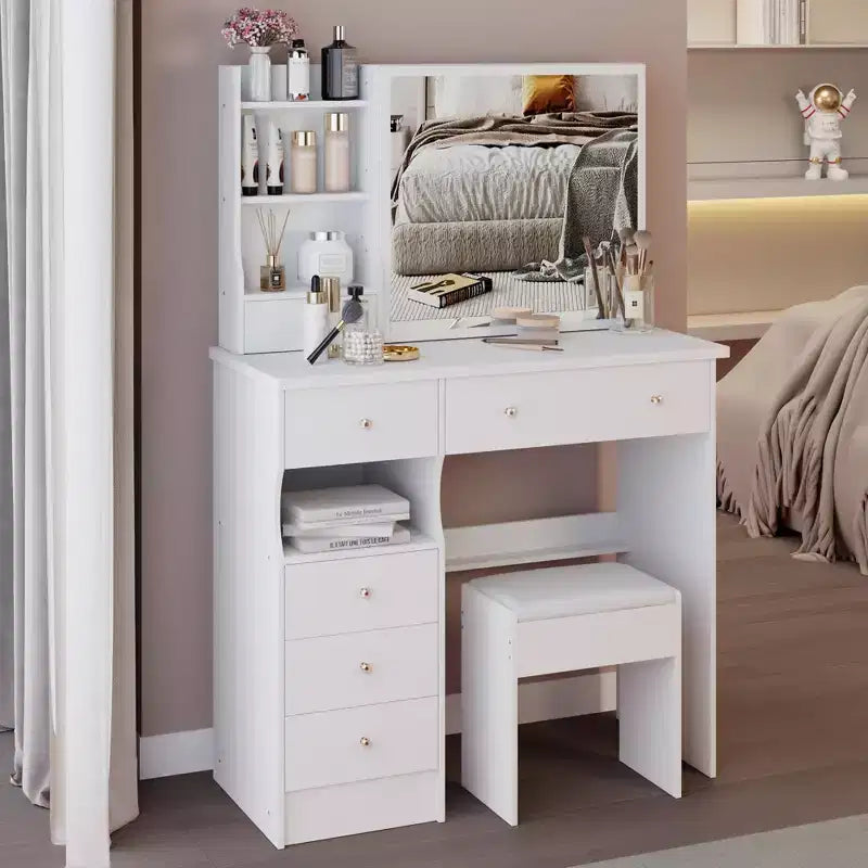 Toeletta bianca con sgabello imbottito, set da 2 pezzi – 74,2 cm / 94 cm