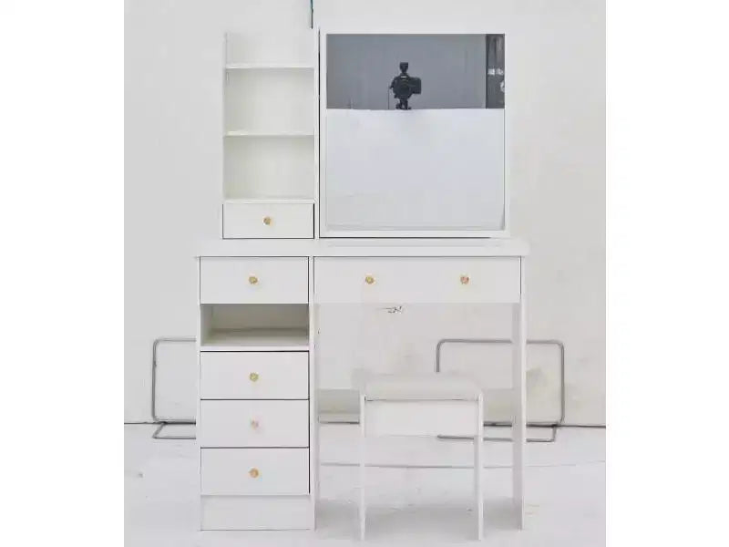Toeletta bianca con sgabello imbottito, set da 2 pezzi – 74,2 cm / 94 cm
