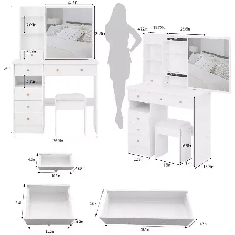 Toeletta bianca con sgabello imbottito, set da 2 pezzi – 74,2 cm / 94 cm