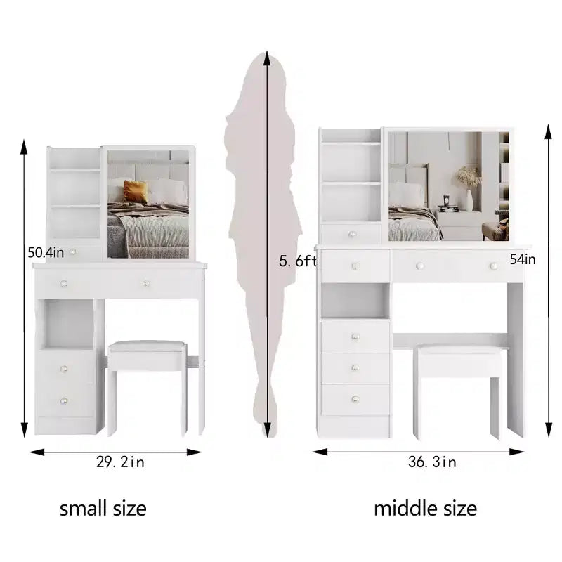 Toeletta bianca con sgabello imbottito, set da 2 pezzi – 74,2 cm / 94 cm