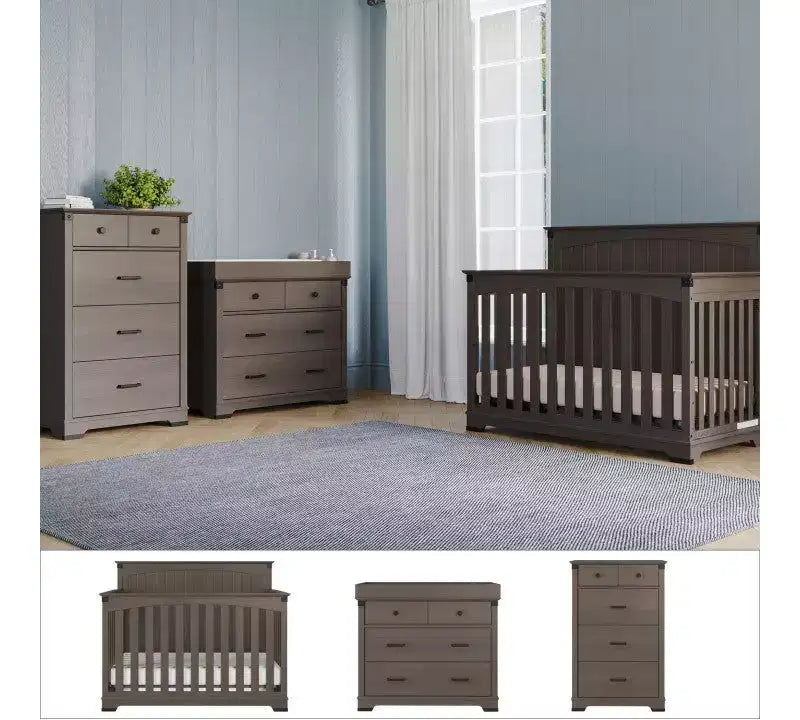 Culla trasformabile a pannello intero Coach Cherry / Dapper Gray e set comò 3 pezzi, per 1 bambino