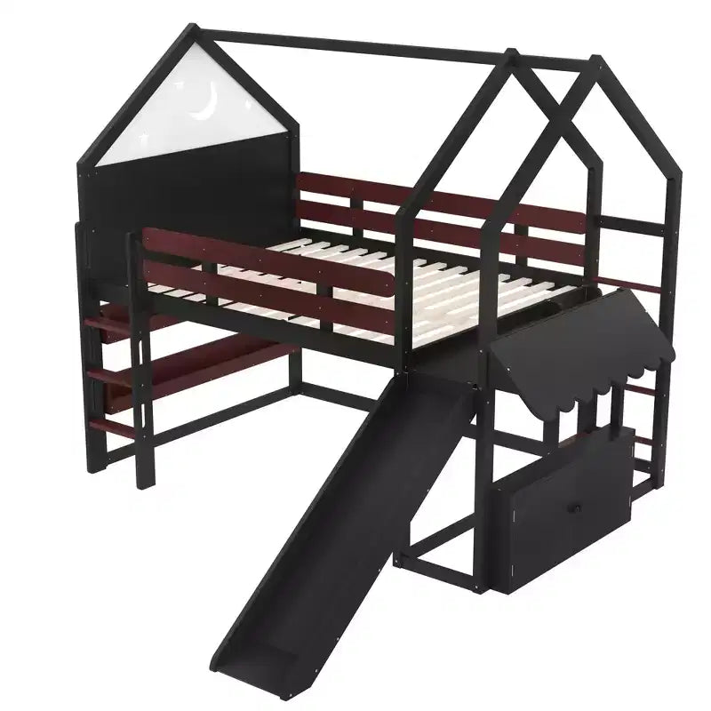 Letto a soppalco singolo a forma di casetta con scivolo, libreria e scaletta convertibile, Beige / Nero / Naturale