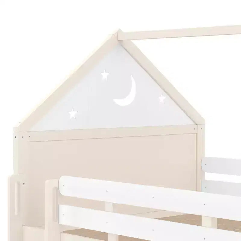Letto a soppalco singolo a forma di casetta con scivolo, libreria e scaletta convertibile, Beige / Nero / Naturale