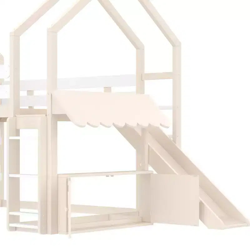 Letto a soppalco singolo a forma di casetta con scivolo, libreria e scaletta convertibile, Beige / Nero / Naturale