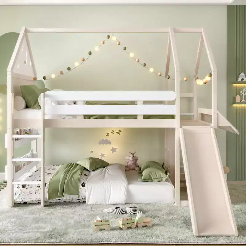 Letto a soppalco singolo a forma di casetta con scivolo, libreria e scaletta convertibile, Beige / Nero / Naturale