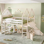 Letto a soppalco singolo a forma di casetta con scivolo, libreria e scaletta convertibile, Beige / Nero / Naturale