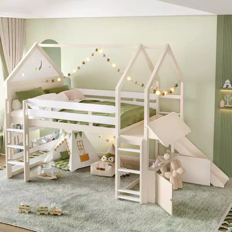 Letto a soppalco singolo a forma di casetta con scivolo, libreria e scaletta convertibile, Beige / Nero / Naturale