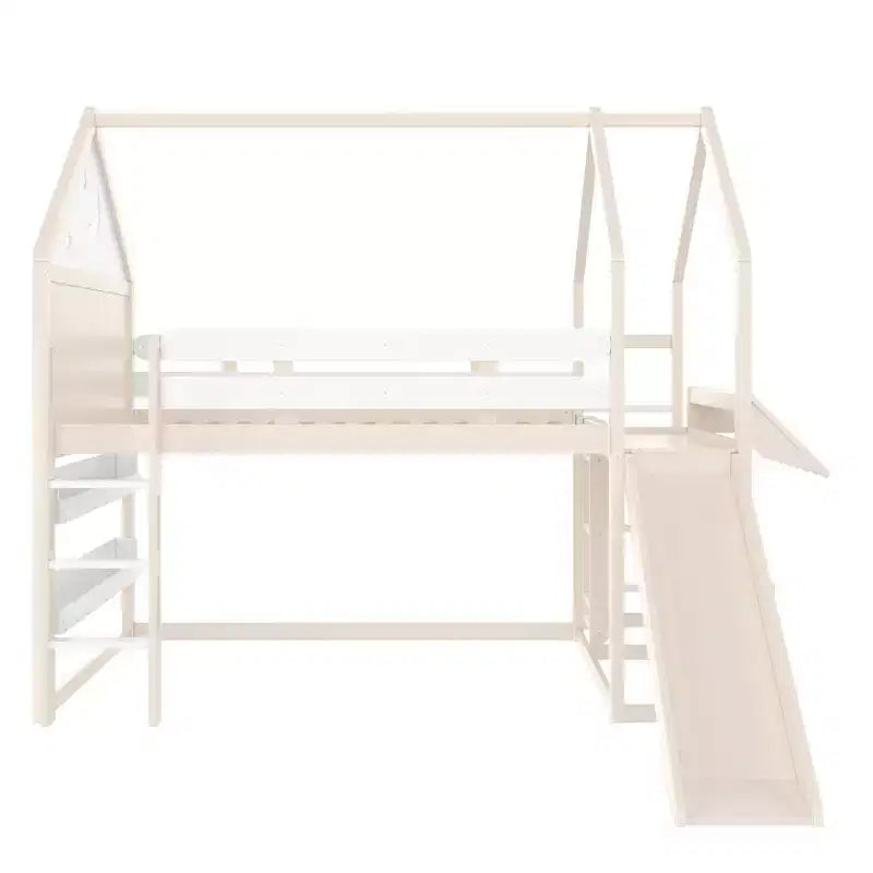 Letto a soppalco singolo a forma di casetta con scivolo, libreria e scaletta convertibile, Beige / Nero / Naturale