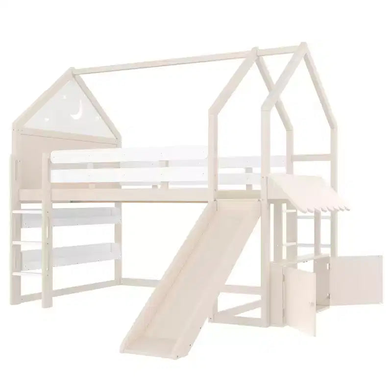 Letto a soppalco singolo a forma di casetta con scivolo, libreria e scaletta convertibile, Beige / Nero / Naturale