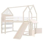 Letto a soppalco singolo a forma di casetta con scivolo, libreria e scaletta convertibile, Beige / Nero / Naturale