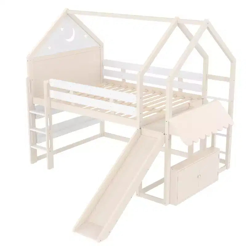 Letto a soppalco singolo a forma di casetta con scivolo, libreria e scaletta convertibile, Beige / Nero / Naturale