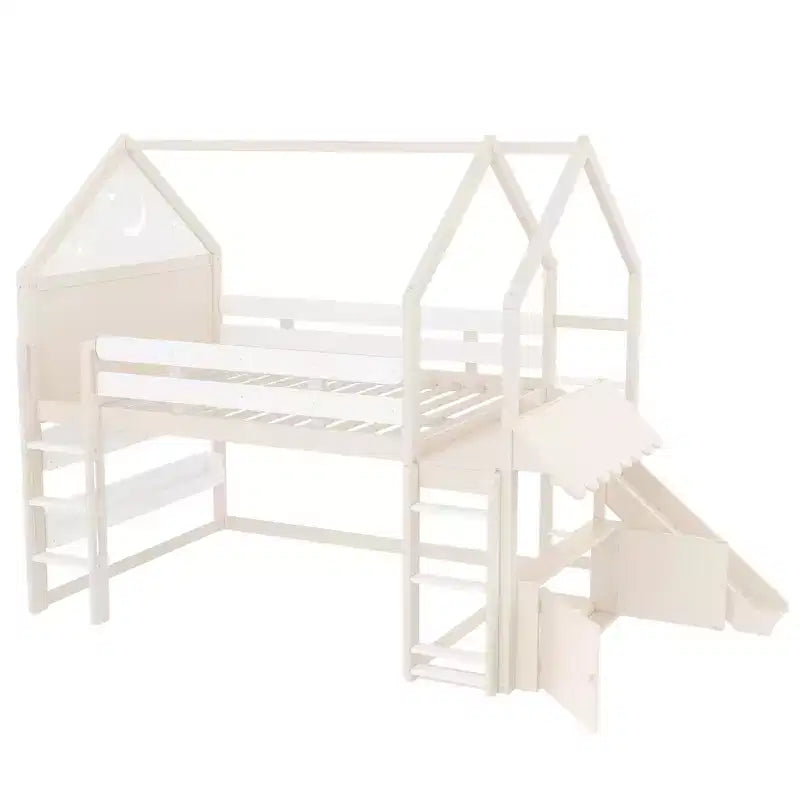 Letto a soppalco singolo a forma di casetta con scivolo, libreria e scaletta convertibile, Beige / Nero / Naturale