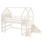 Letto a soppalco singolo a forma di casetta con scivolo, libreria e scaletta convertibile, Beige / Nero / Naturale