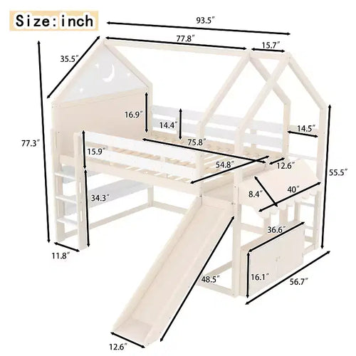 Letto a soppalco singolo a forma di casetta con scivolo, libreria e scaletta convertibile, Beige / Nero / Naturale