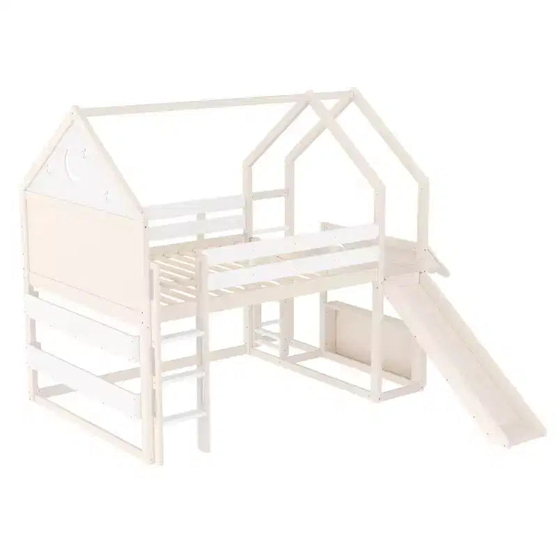 Letto a soppalco singolo a forma di casetta con scivolo, libreria e scaletta convertibile, Beige / Nero / Naturale