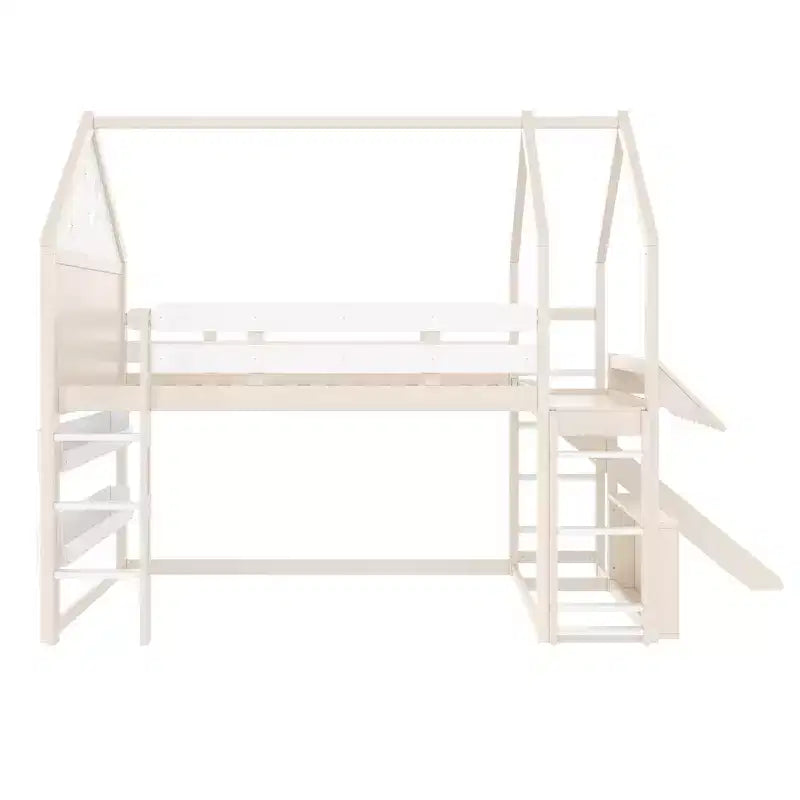 Letto a soppalco singolo a forma di casetta con scivolo, libreria e scaletta convertibile, Beige / Nero / Naturale