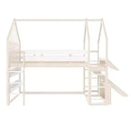 Letto a soppalco singolo a forma di casetta con scivolo, libreria e scaletta convertibile, Beige / Nero / Naturale