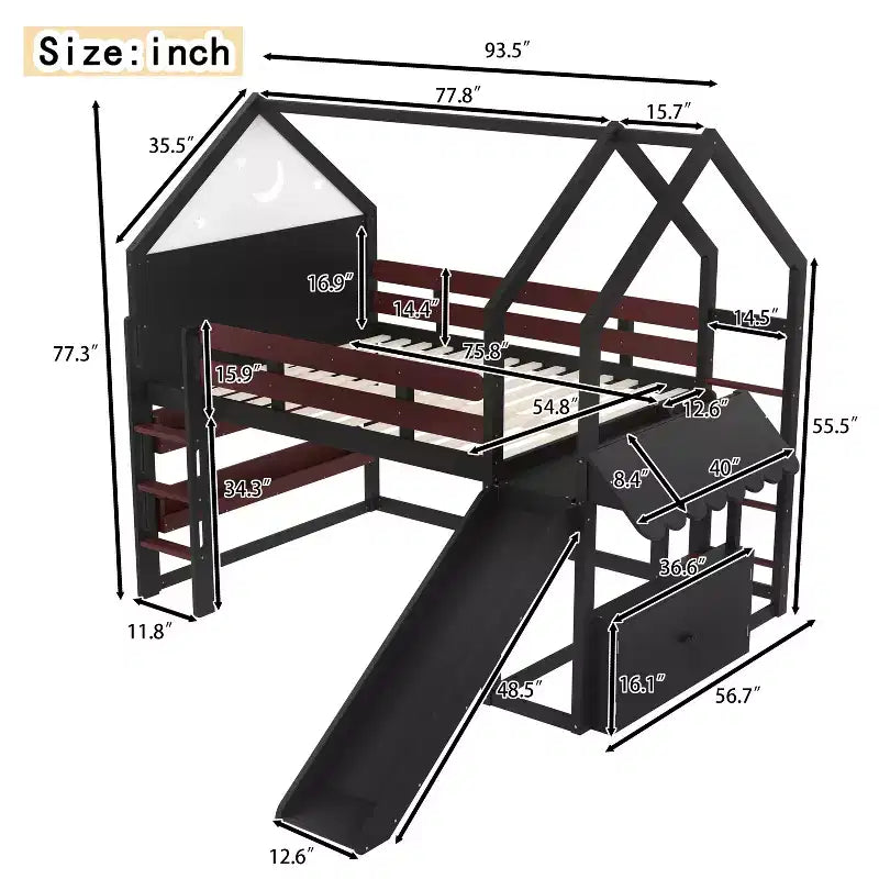 Letto a soppalco singolo a forma di casetta con scivolo, libreria e scaletta convertibile, Beige / Nero / Naturale