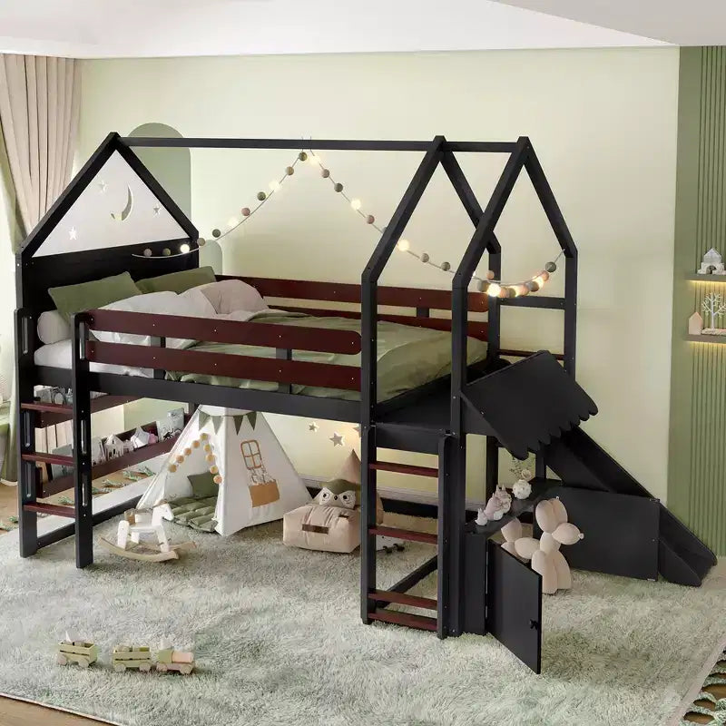 Letto a soppalco singolo a forma di casetta con scivolo, libreria e scaletta convertibile, Beige / Nero / Naturale