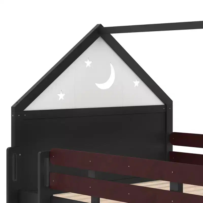 Letto a soppalco singolo a forma di casetta con scivolo, libreria e scaletta convertibile, Beige / Nero / Naturale