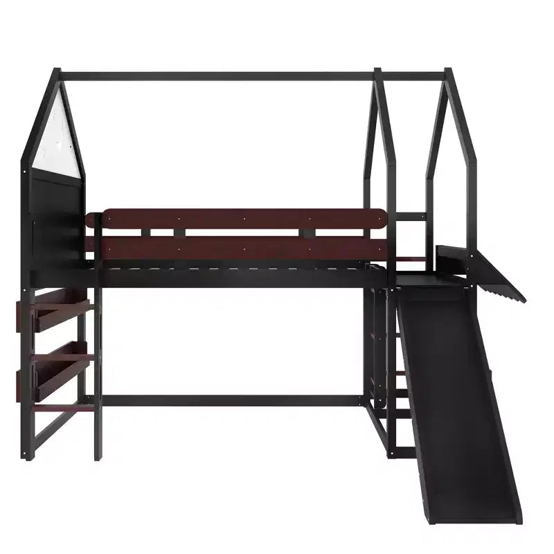 Letto a soppalco singolo a forma di casetta con scivolo, libreria e scaletta convertibile, Beige / Nero / Naturale