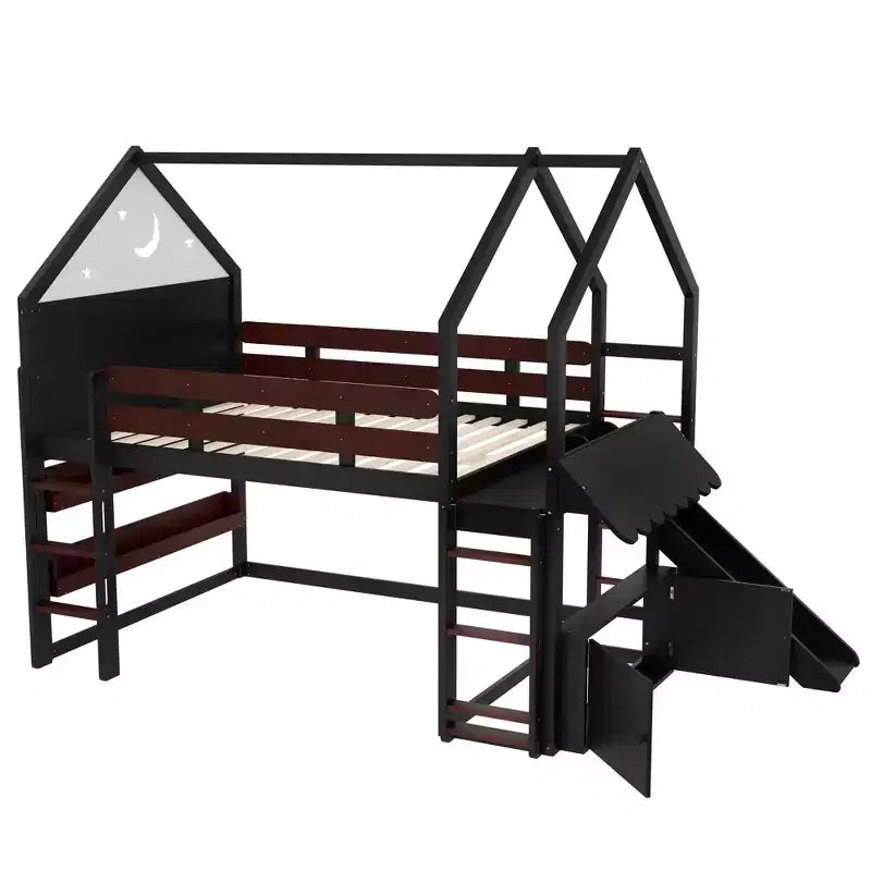Letto a soppalco singolo a forma di casetta con scivolo, libreria e scaletta convertibile, Beige / Nero / Naturale