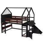 Letto a soppalco singolo a forma di casetta con scivolo, libreria e scaletta convertibile, Beige / Nero / Naturale