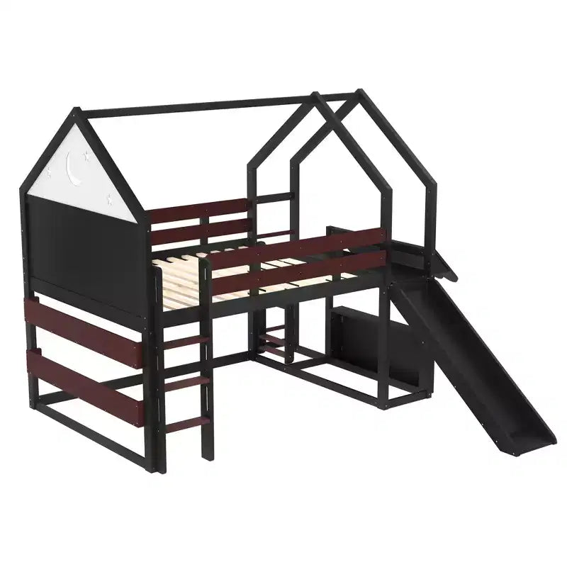 Letto a soppalco singolo a forma di casetta con scivolo, libreria e scaletta convertibile, Beige / Nero / Naturale