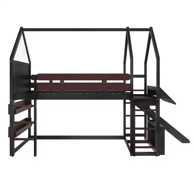 Letto a soppalco singolo a forma di casetta con scivolo, libreria e scaletta convertibile, Beige / Nero / Naturale