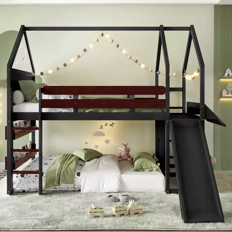 Letto a soppalco singolo a forma di casetta con scivolo, libreria e scaletta convertibile, Beige / Nero / Naturale