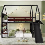 Letto a soppalco singolo a forma di casetta con scivolo, libreria e scaletta convertibile, Beige / Nero / Naturale