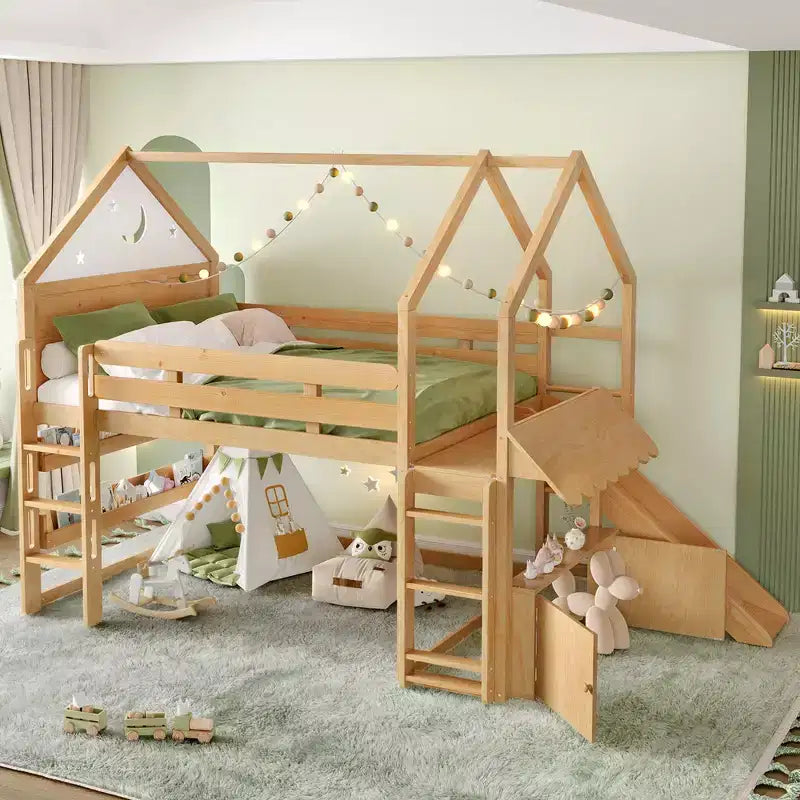 Letto a soppalco singolo a forma di casetta con scivolo, libreria e scaletta convertibile, Beige / Nero / Naturale