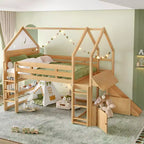 Letto a soppalco singolo a forma di casetta con scivolo, libreria e scaletta convertibile, Beige / Nero / Naturale