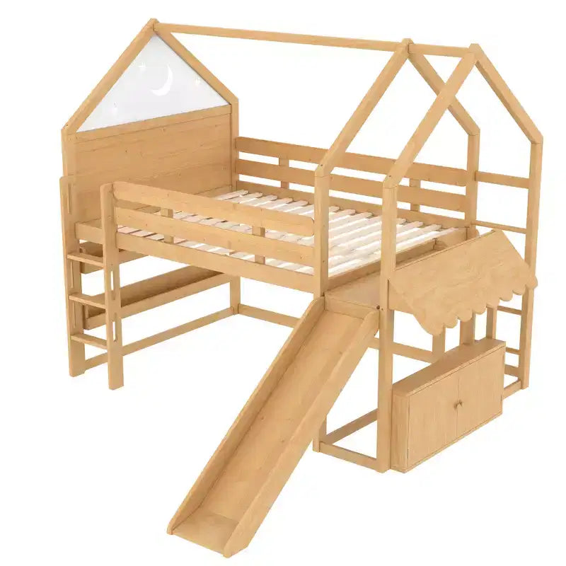 Letto a soppalco singolo a forma di casetta con scivolo, libreria e scaletta convertibile, Beige / Nero / Naturale