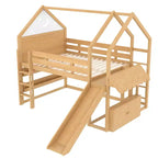 Letto a soppalco singolo a forma di casetta con scivolo, libreria e scaletta convertibile, Beige / Nero / Naturale