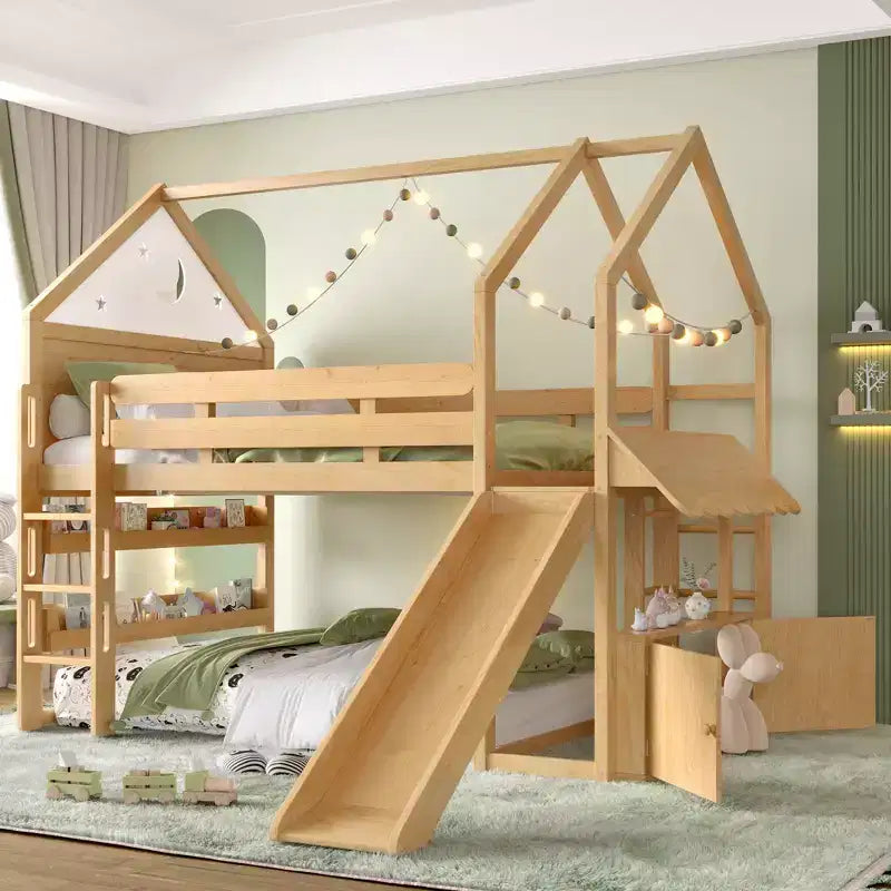 Letto a soppalco singolo a forma di casetta con scivolo, libreria e scaletta convertibile, Beige / Nero / Naturale