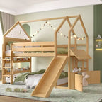 Letto a soppalco singolo a forma di casetta con scivolo, libreria e scaletta convertibile, Beige / Nero / Naturale