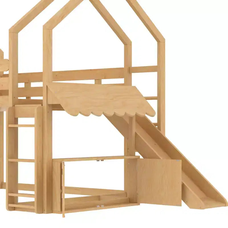 Letto a soppalco singolo a forma di casetta con scivolo, libreria e scaletta convertibile, Beige / Nero / Naturale