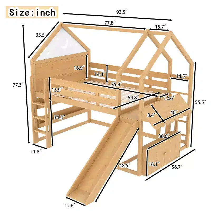 Letto a soppalco singolo a forma di casetta con scivolo, libreria e scaletta convertibile, Beige / Nero / Naturale
