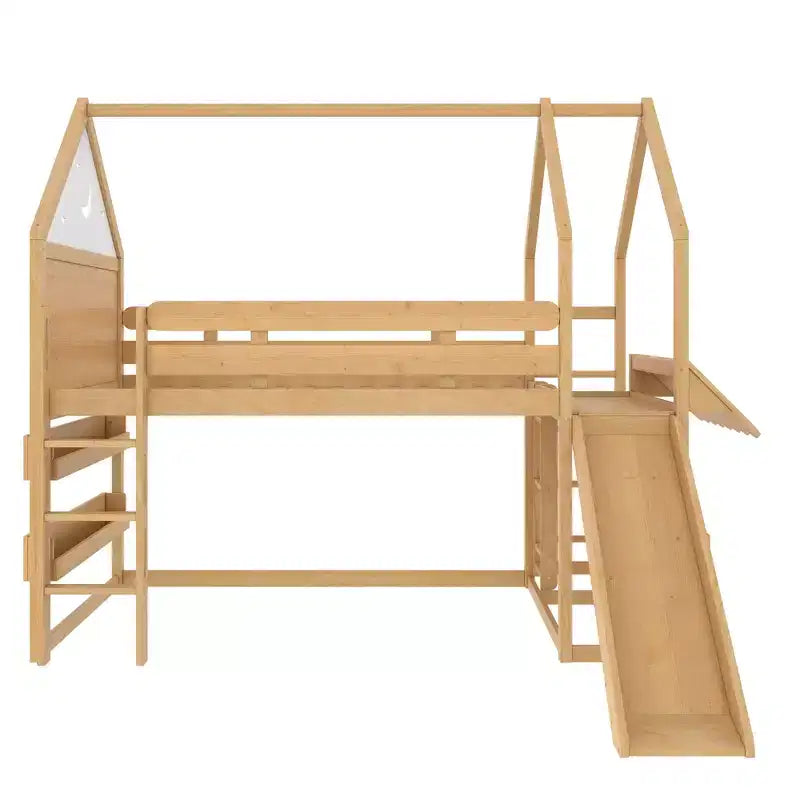 Letto a soppalco singolo a forma di casetta con scivolo, libreria e scaletta convertibile, Beige / Nero / Naturale