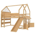 Letto a soppalco singolo a forma di casetta con scivolo, libreria e scaletta convertibile, Beige / Nero / Naturale