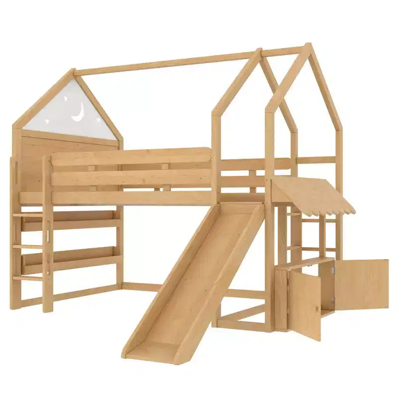 Letto a soppalco singolo a forma di casetta con scivolo, libreria e scaletta convertibile, Beige / Nero / Naturale