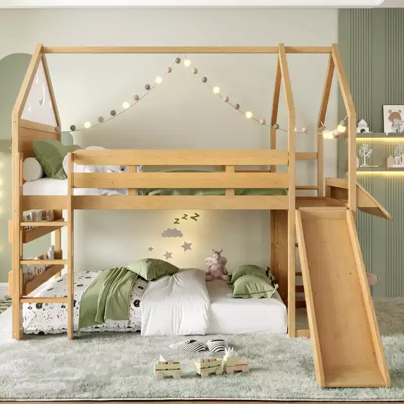 Letto a soppalco singolo a forma di casetta con scivolo, libreria e scaletta convertibile, Beige / Nero / Naturale