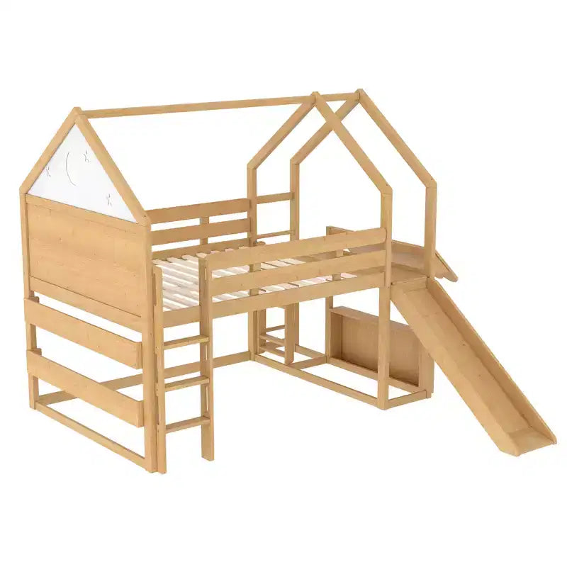 Letto a soppalco singolo a forma di casetta con scivolo, libreria e scaletta convertibile, Beige / Nero / Naturale