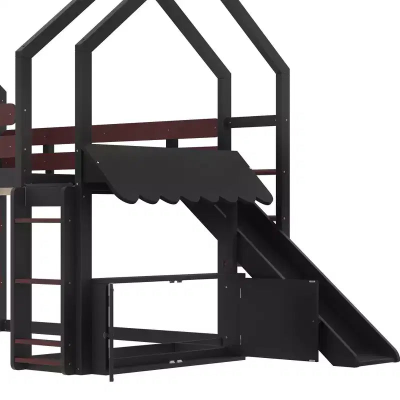 Letto a soppalco singolo a forma di casetta con scivolo, libreria e scaletta convertibile, Beige / Nero / Naturale